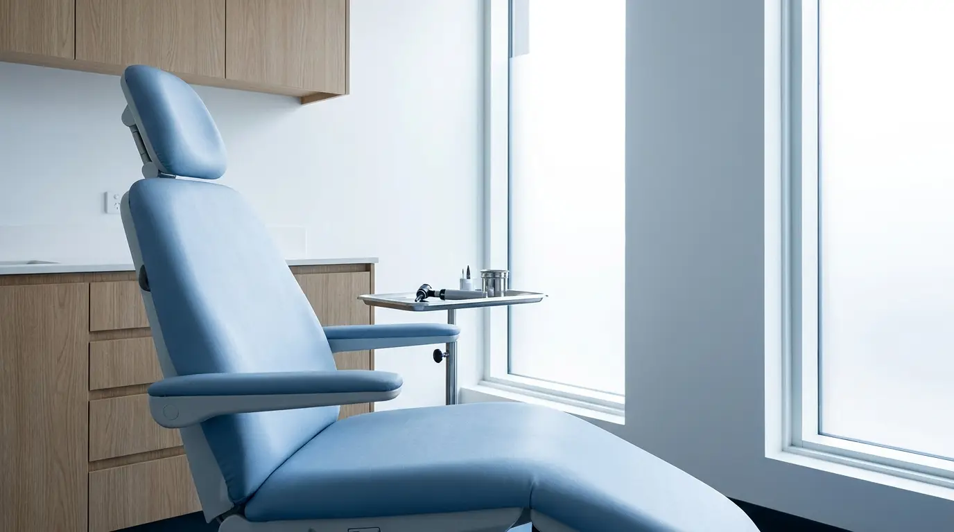 A calm, modern ear care treatment room in soft blue and white tones