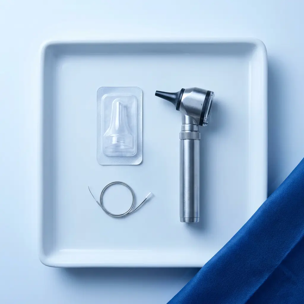Professional ear care instruments arranged on a clean clinical tray